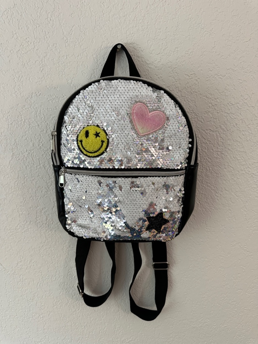 Target Girls Silver Sequin Mini Backpack with Pink Heart Patch and Yellow Smiley